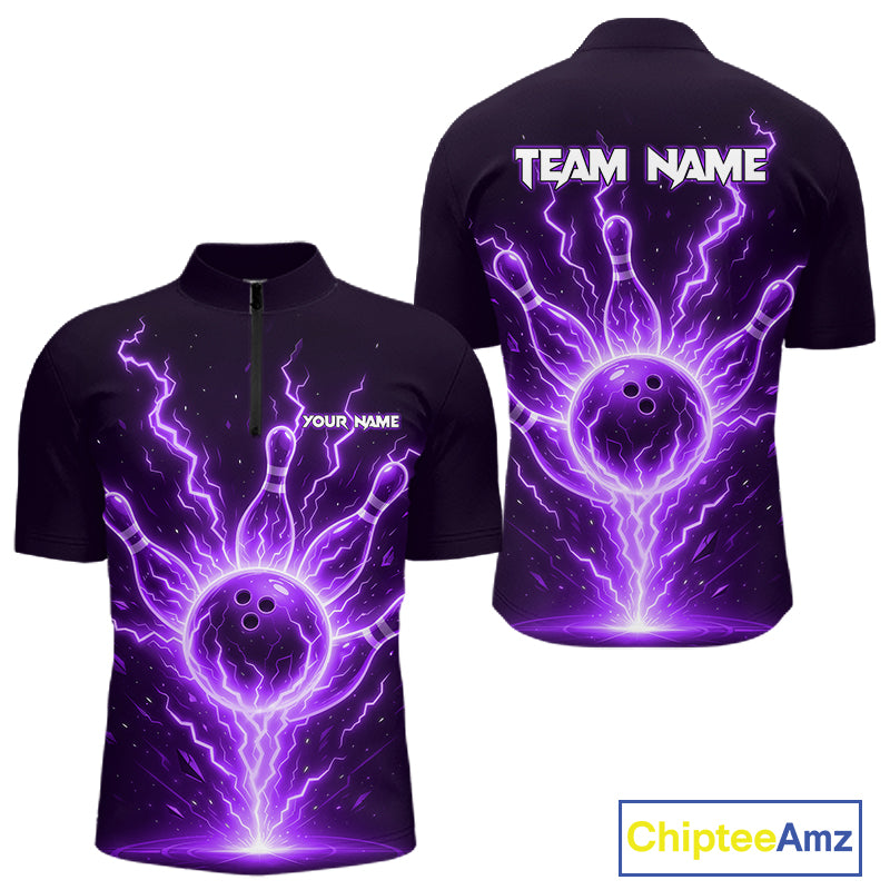 Purple Lightning Thunder Bowling Polo, Quarter Zip Shirts For Men Custom Team Bowling Jersey TDM7533