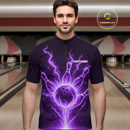 Purple Lightning Thunder Bowling Polo, Quarter Zip Shirts For Men Custom Team Bowling Jersey TDM7533