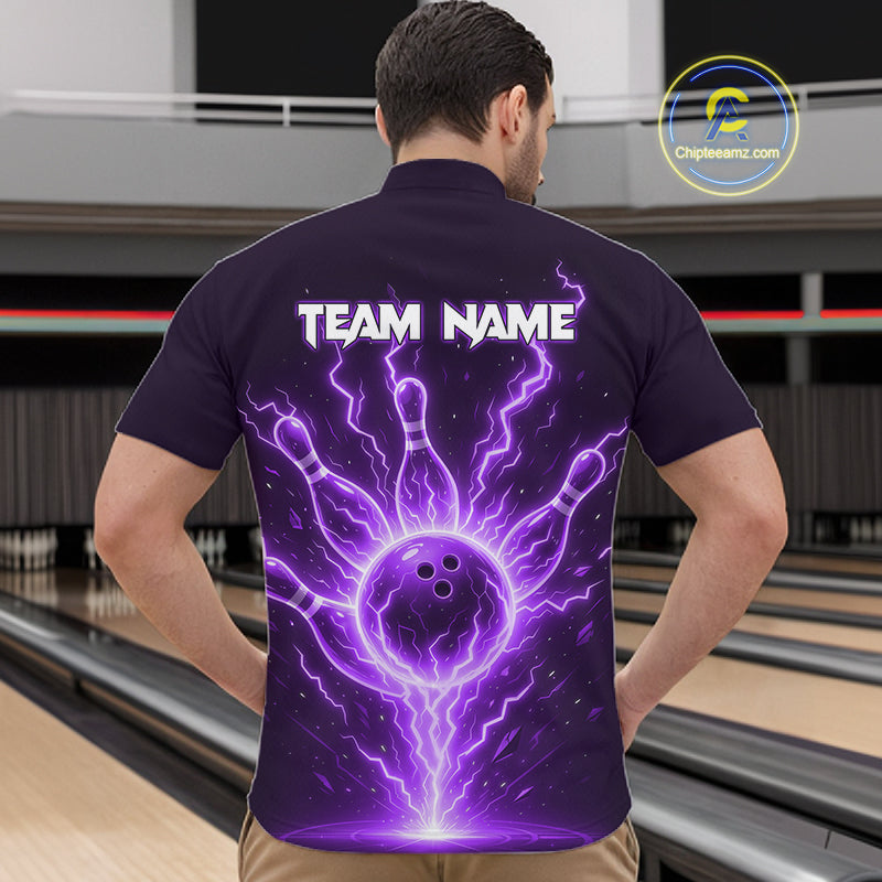 Purple Lightning Thunder Bowling Polo, Quarter Zip Shirts For Men Custom Team Bowling Jersey TDM7533