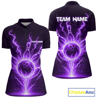 Purple Lightning Thunder Bowling Polo, Quarter Zip Shirts For Women Custom Team Bowling Jersey TDM7533
