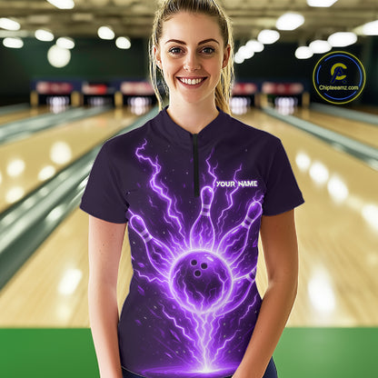 Purple Lightning Thunder Bowling Polo, Quarter Zip Shirts For Women Custom Team Bowling Jersey TDM7533