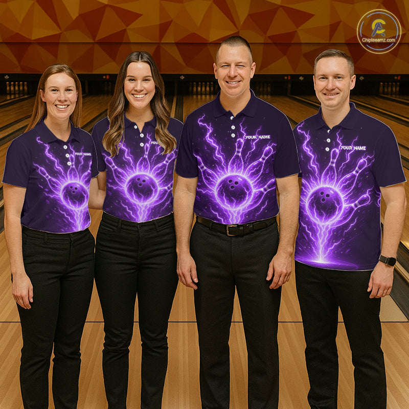 Purple Lightning Thunder Bowling Polo, Quarter Zip Shirts For Men Custom Team Bowling Jersey TDM7533
