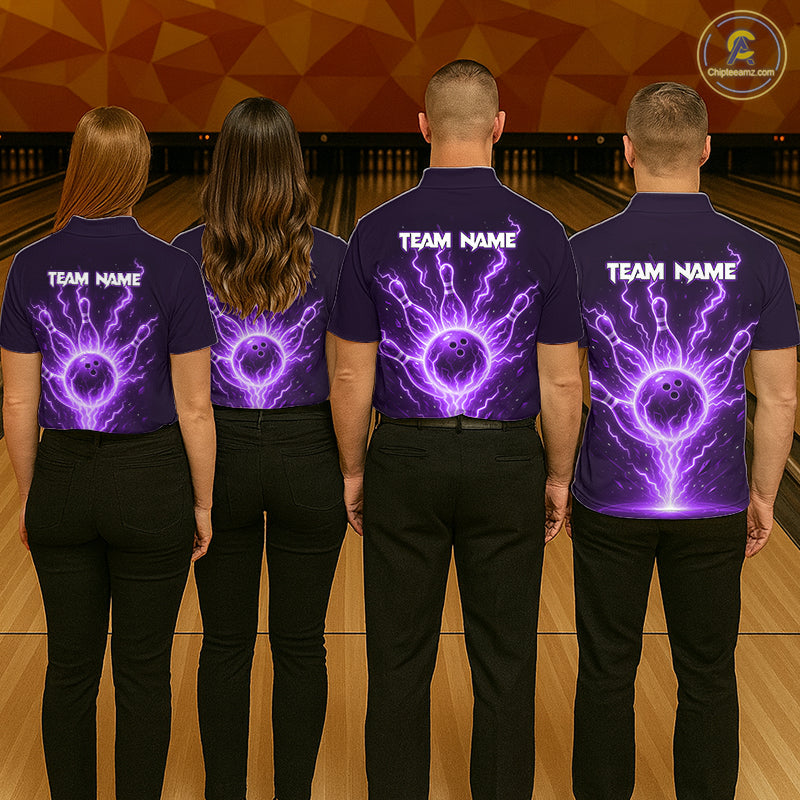 Purple Lightning Thunder Bowling Polo, Quarter Zip Shirts For Men Custom Team Bowling Jersey TDM7533