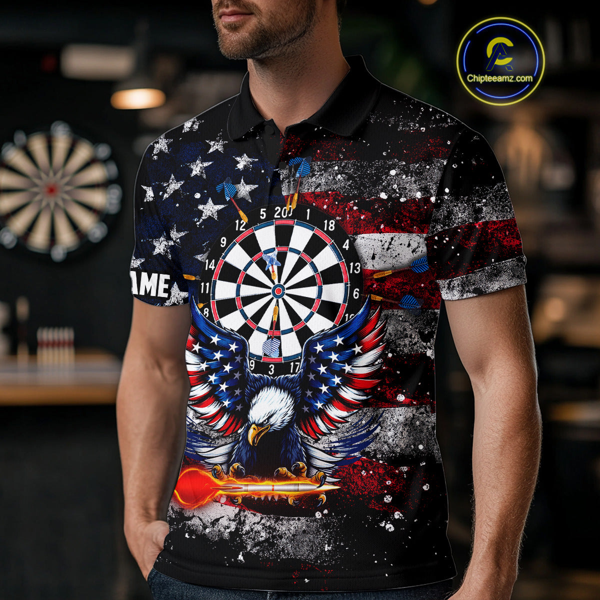 Personalized Dartboard Eagle American Flag Darts Shirt For Men, Patriotic Darts Team Jersey TDM5225