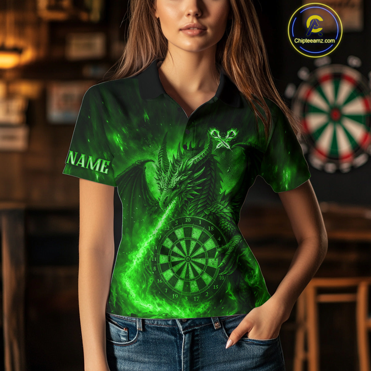 Green Flaming Dragon Darts Jersey For Women Custom Polo & Quarter Zip Darts League Team Shirt TDM5489