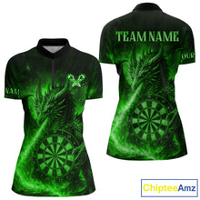 Load image into Gallery viewer, Green Flaming Dragon Darts Jersey For Women Custom Polo &amp; Quarter Zip Darts League Team Shirt TDM5489