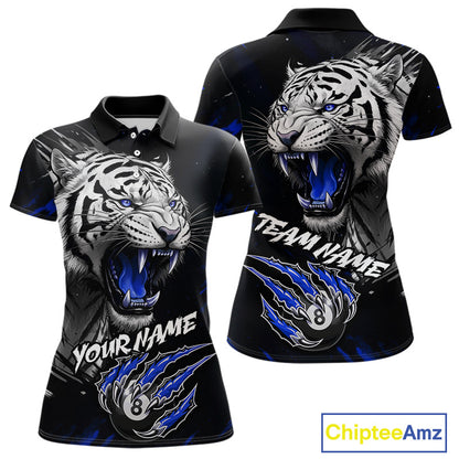Personalized Tiger 8 Ball Pool Billiard Shirt For Women, Billiard Team Jersey Polo & 1/4 Zip |Blue TDM5496