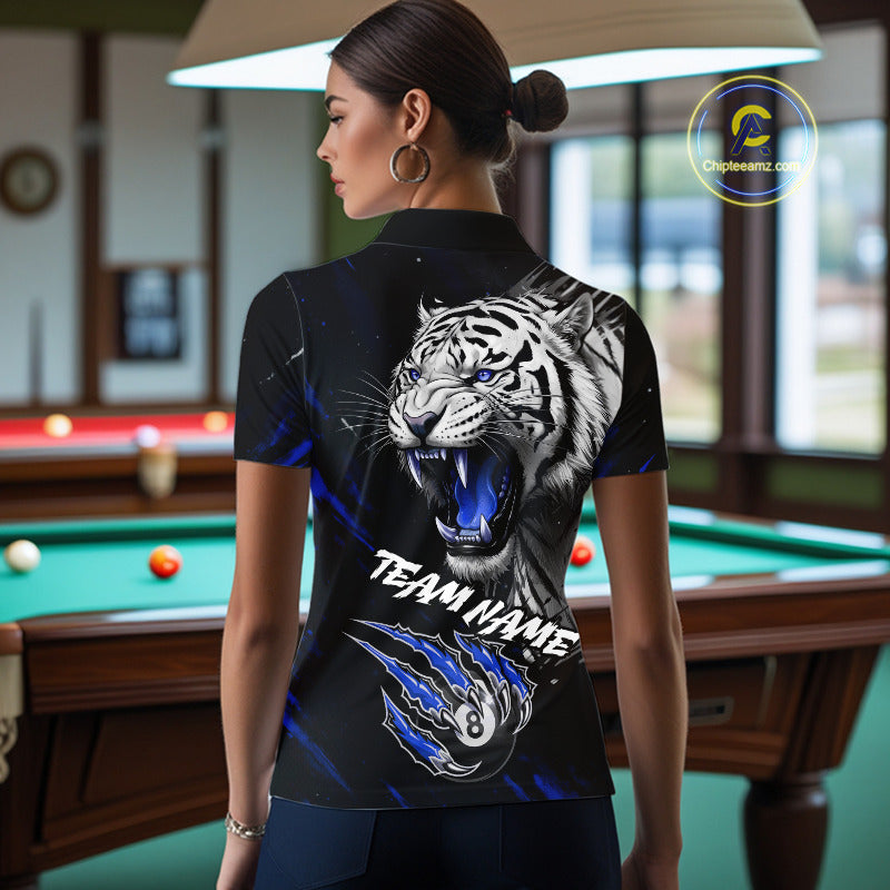 Personalized Tiger 8 Ball Pool Billiard Shirt For Women, Billiard Team Jersey Polo & 1/4 Zip |Blue TDM5496