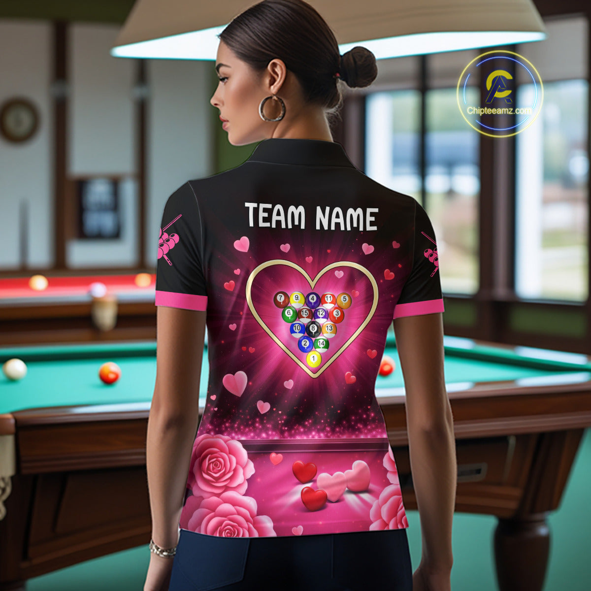 Black And Pink 8 Ball Pool Heart Billiard Shirt For Women Custom Valentine Billiard Gifts TDM5748