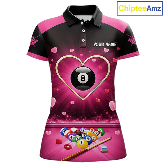 Black And Pink 8 Ball Pool Heart Billiard Shirt For Women Custom Valentine Billiard Gifts TDM5748