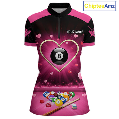 Black And Pink 8 Ball Pool Heart Billiard Shirt For Women Custom Valentine Billiard Gifts TDM5748