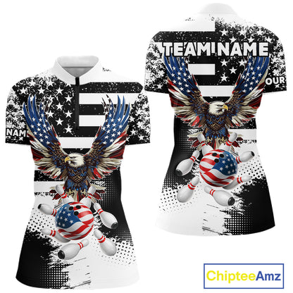 Custom Bowling Shirts For Women, Grunge Eagle American Flag Bowling Jersey Team Polo & 1/4 Zip TDM6545