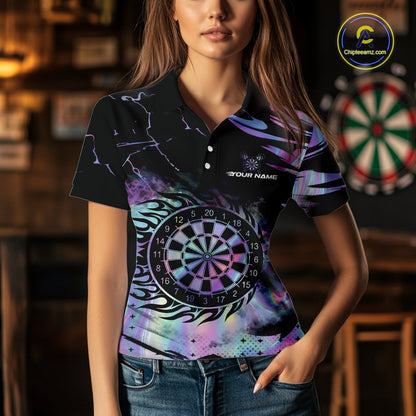 Holographic Flaming Dartboard Custom Darts Shirt For Women, Darts Jersey Team Polo & 1/4 Zip TDM5502