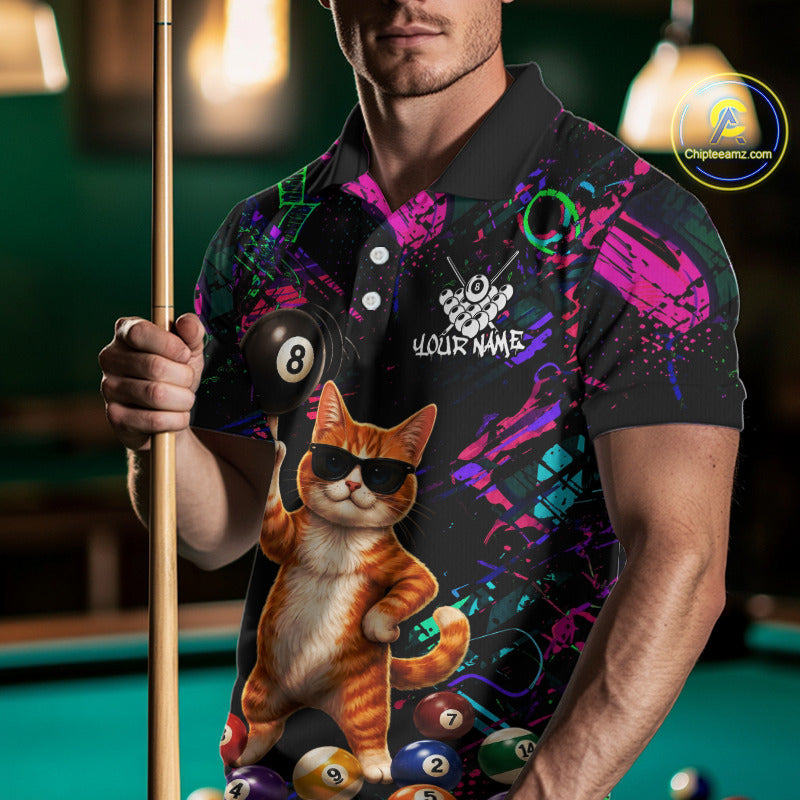 Custom Funny Cat Graffiti 8 Ball Pool Billiard Shirts For Men, Billiard Team Jersey Polo & 1/4 Zip TDM6558