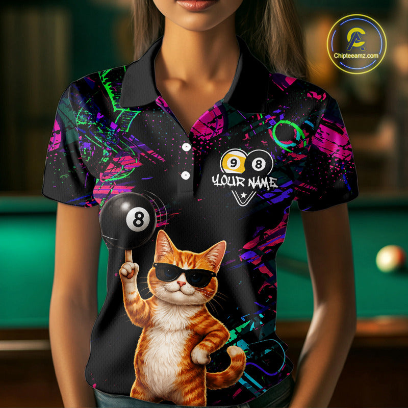 Funny Cat 8 Ball & 9 Ball Graffiti Billiard Shirts For Women Custom Pool Team Jersey Polo & 1/4 Zip TDM6559
