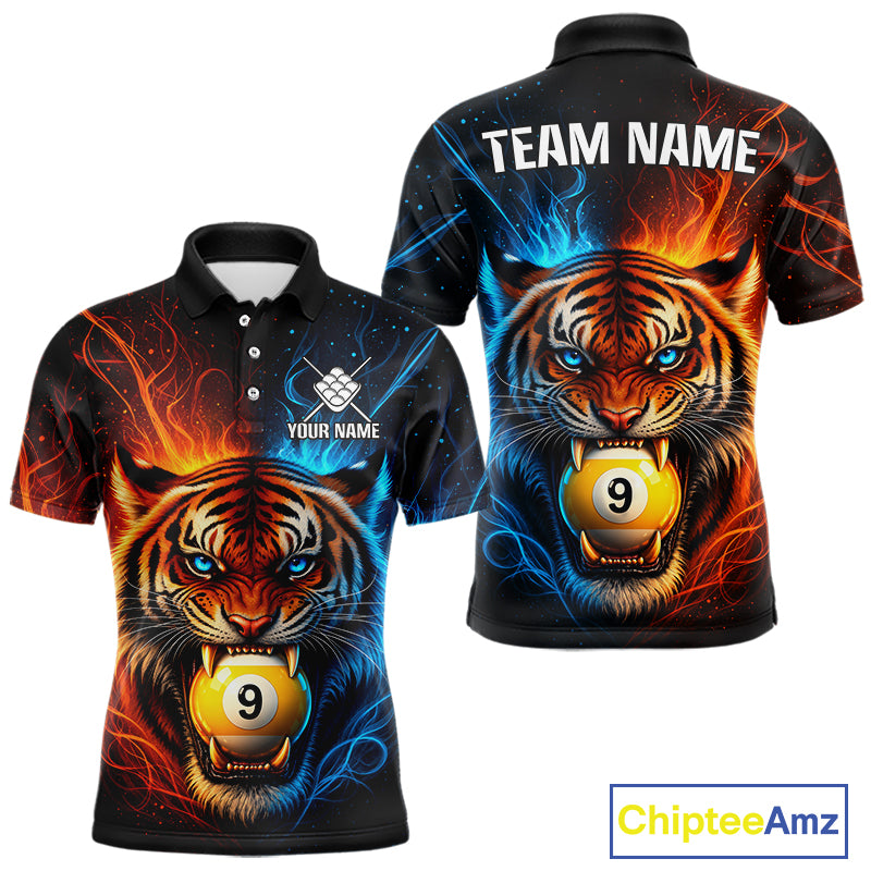 Blue And Orange 9 Ball Pool Tiger Fire Billiard Shirt For Men Custom Billiard Team Jersey Outfit TDM7950