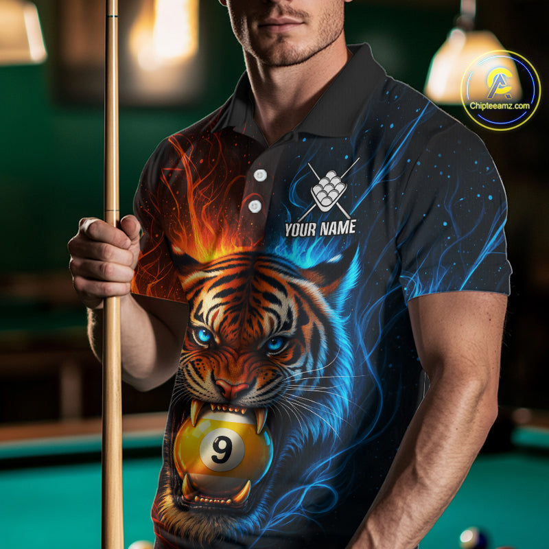 Blue And Orange 9 Ball Pool Tiger Fire Billiard Shirt For Men Custom Billiard Team Jersey Outfit TDM7950