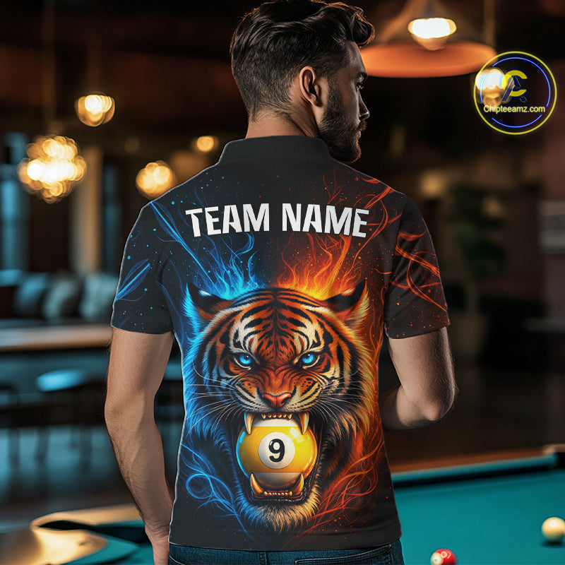 Blue And Orange 9 Ball Pool Tiger Fire Billiard Shirt For Men Custom Billiard Team Jersey Outfit TDM7950