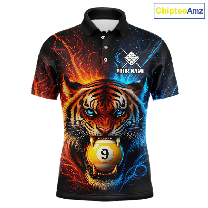 Blue And Orange 9 Ball Pool Tiger Fire Billiard Shirt For Men Custom Billiard Team Jersey Outfit TDM7950