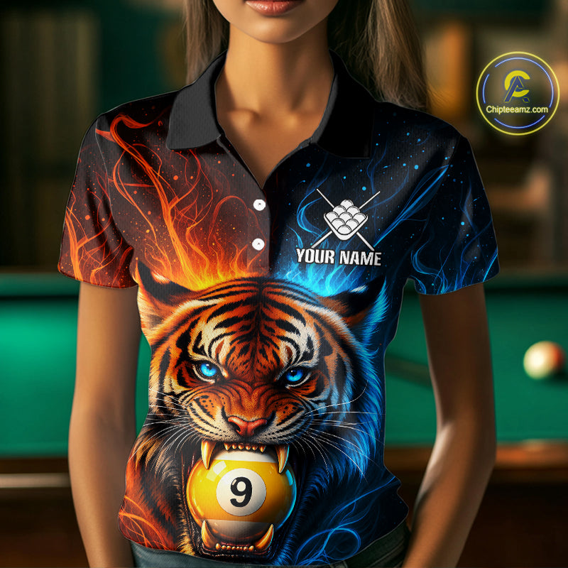 Blue And Orange 9 Ball Pool Tiger Fire Billiard Shirt For Women Custom Billiard Team Jersey Outfit TDM7950