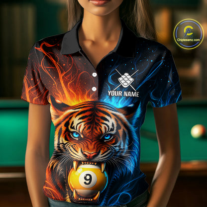 Blue And Orange 9 Ball Pool Tiger Fire Billiard Shirt For Women Custom Billiard Team Jersey Outfit TDM7950