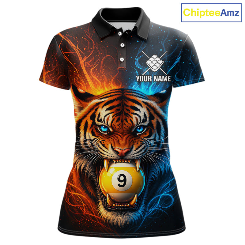 Blue And Orange 9 Ball Pool Tiger Fire Billiard Shirt For Women Custom Billiard Team Jersey Outfit TDM7950