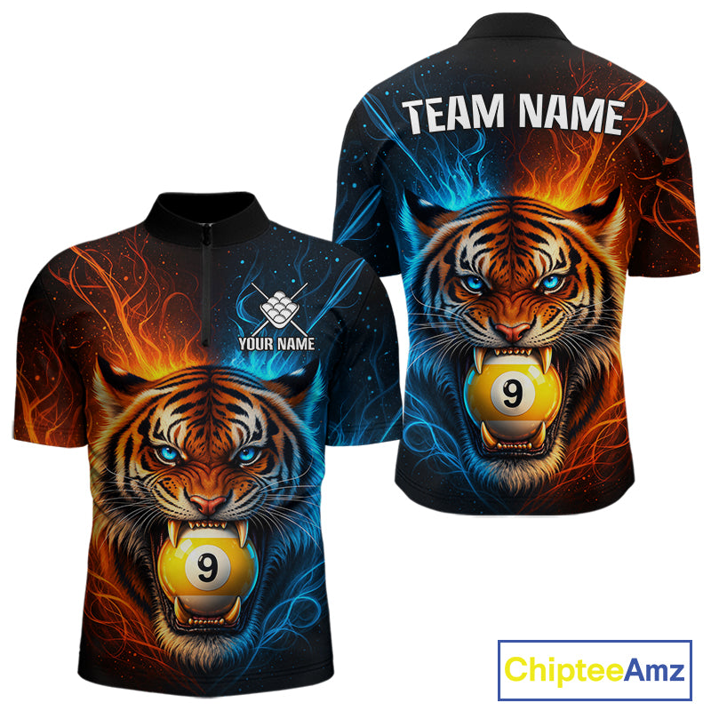 Blue And Orange 9 Ball Pool Tiger Fire Billiard Shirt For Men Custom Billiard Team Jersey Outfit TDM7950