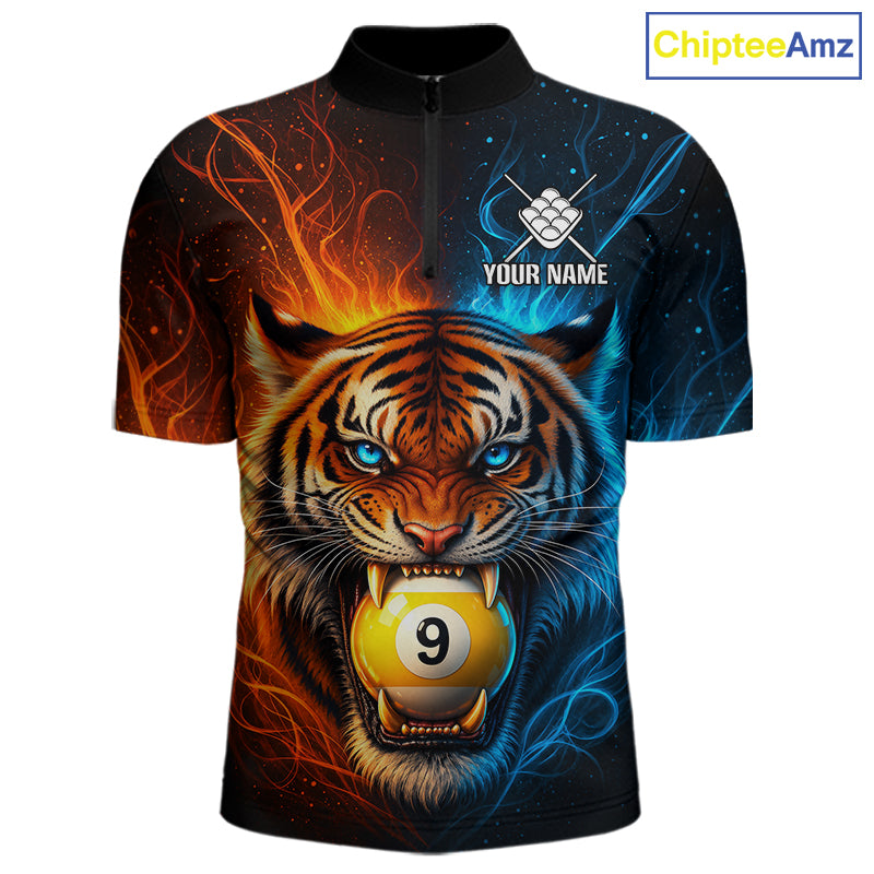 Blue And Orange 9 Ball Pool Tiger Fire Billiard Shirt For Men Custom Billiard Team Jersey Outfit TDM7950