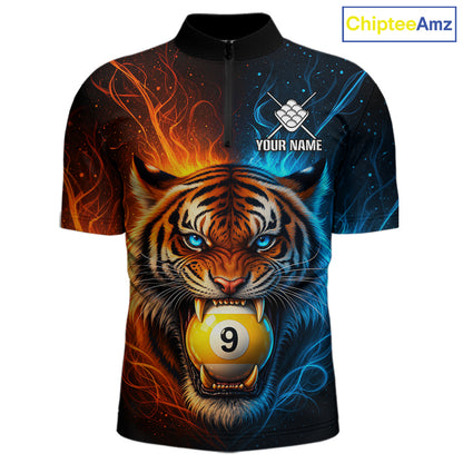 Blue And Orange 9 Ball Pool Tiger Fire Billiard Shirt For Men Custom Billiard Team Jersey Outfit TDM7950