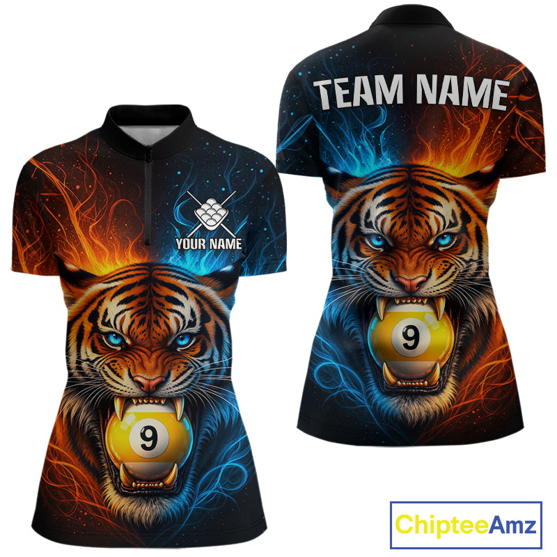 Blue And Orange 9 Ball Pool Tiger Fire Billiard Shirt For Women Custom Billiard Team Jersey Outfit TDM7950
