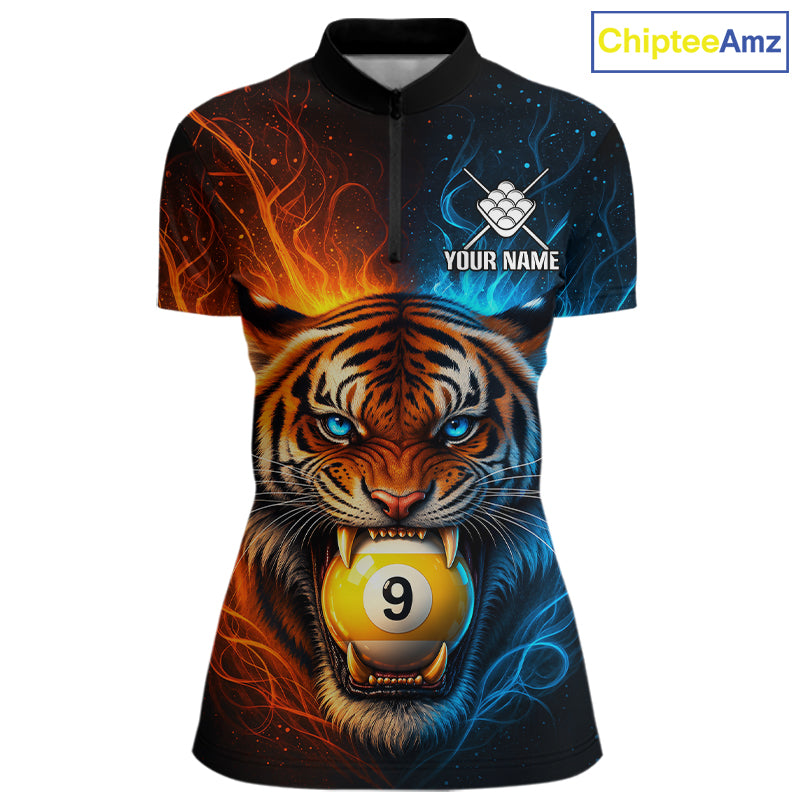 Blue And Orange 9 Ball Pool Tiger Fire Billiard Shirt For Women Custom Billiard Team Jersey Outfit TDM7950