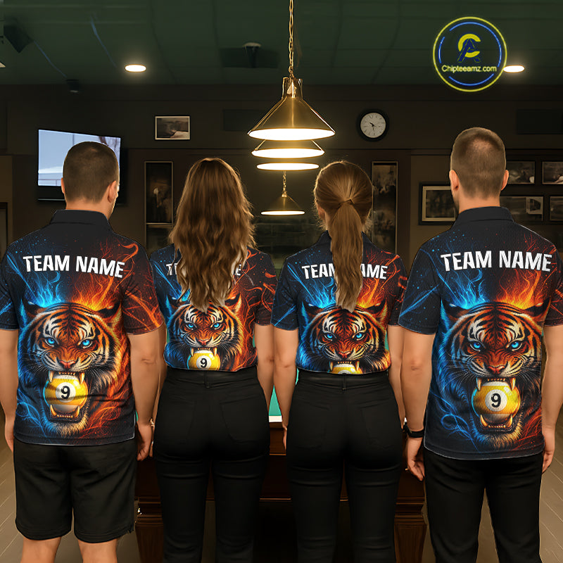Blue And Orange 9 Ball Pool Tiger Fire Billiard Shirt For Men Custom Billiard Team Jersey Outfit TDM7950