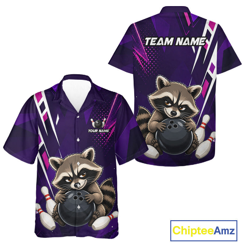 Personalized purple funny raccoon bowling Hawaiian shirt featuring a funny raccoon bowling design, premium custom bowling team shirt and unique gift for bowlers.