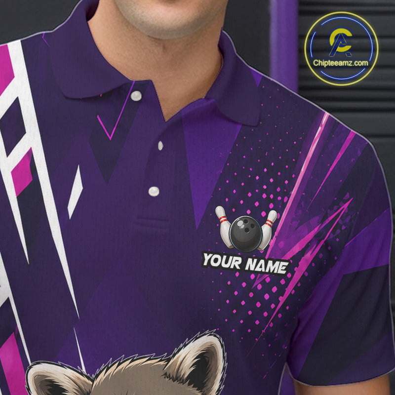 Close-up of custom purple funny raccoon bowling team jersey polo shirt featuring collar, buttons and funny raccoon artwork.