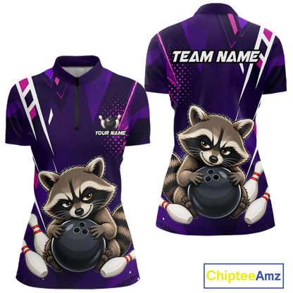 Custom purple funny raccoon bowling team jersey quarter zip shirt for women featuring funny raccoon bowling artwork, premium custom bowling apparel.