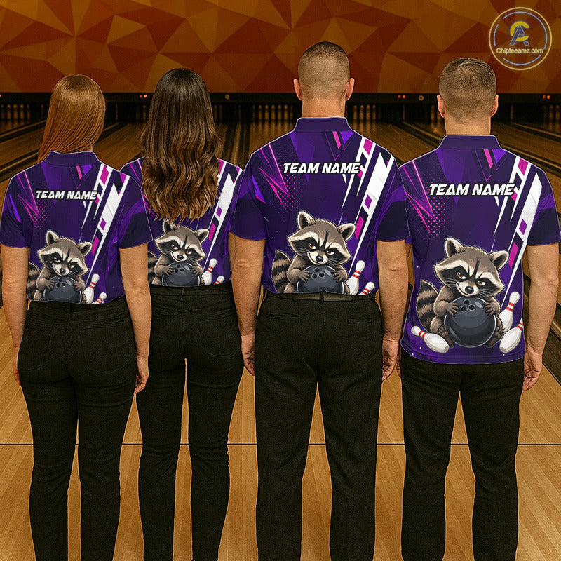 Bowling team wearing matching custom purple funny raccoon bowling team jerseys, back view.