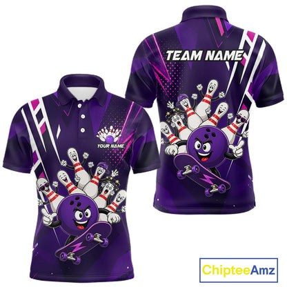 Personalized purple funny skateboarding bowling ball bowling team jersey polo shirt for men featuring a playful skateboarding bowling ball design, premium custom bowling team apparel.