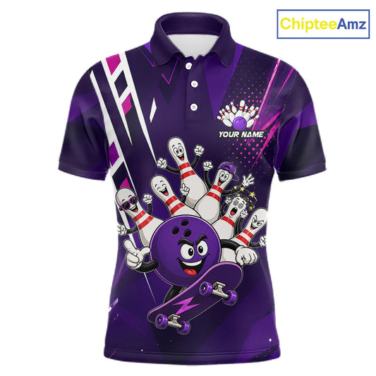 Personalized purple funny skateboarding bowling ball bowling team jersey polo shirt for men featuring a playful skateboarding bowling ball design, premium custom bowling team apparel.