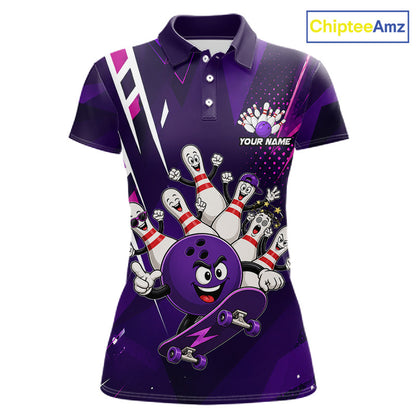 Personalized purple funny skateboarding bowling ball bowling team jersey polo shirt for women featuring a playful skateboarding bowling ball design, premium custom bowling team apparel.