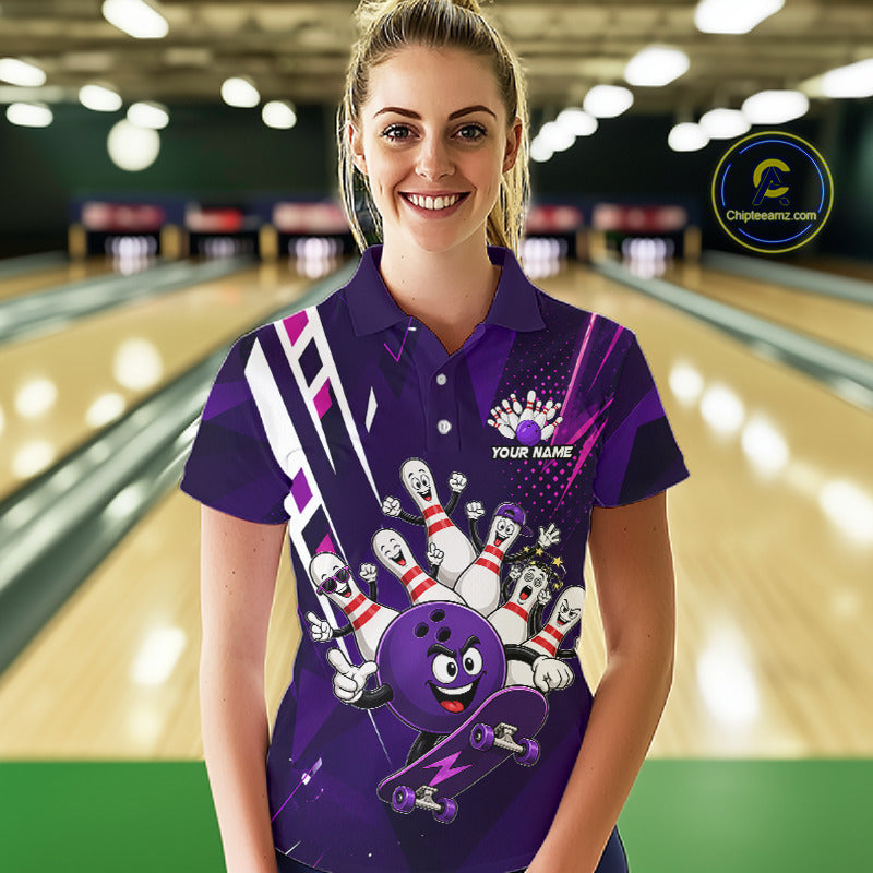 Woman wearing personalized purple funny skateboarding bowling ball bowling team jersey polo shirt featuring skateboarding bowling ball artwork, front view.