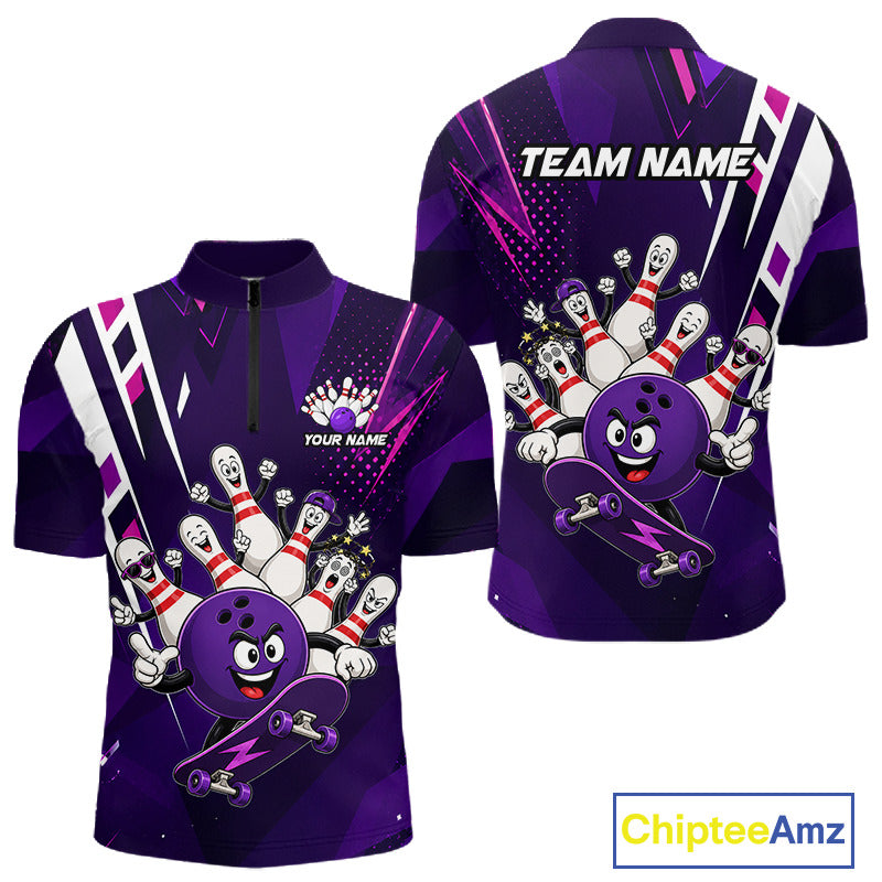 Personalized purple funny skateboarding bowling ball bowling team jersey quarter zip shirt for men featuring funny skateboarding bowling ball artwork, premium custom bowling apparel.