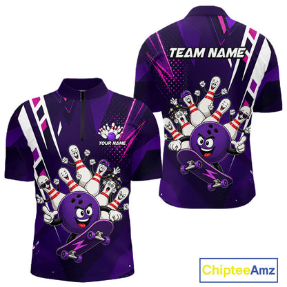 Personalized purple funny skateboarding bowling ball bowling team jersey quarter zip shirt for men featuring funny skateboarding bowling ball artwork, premium custom bowling apparel.