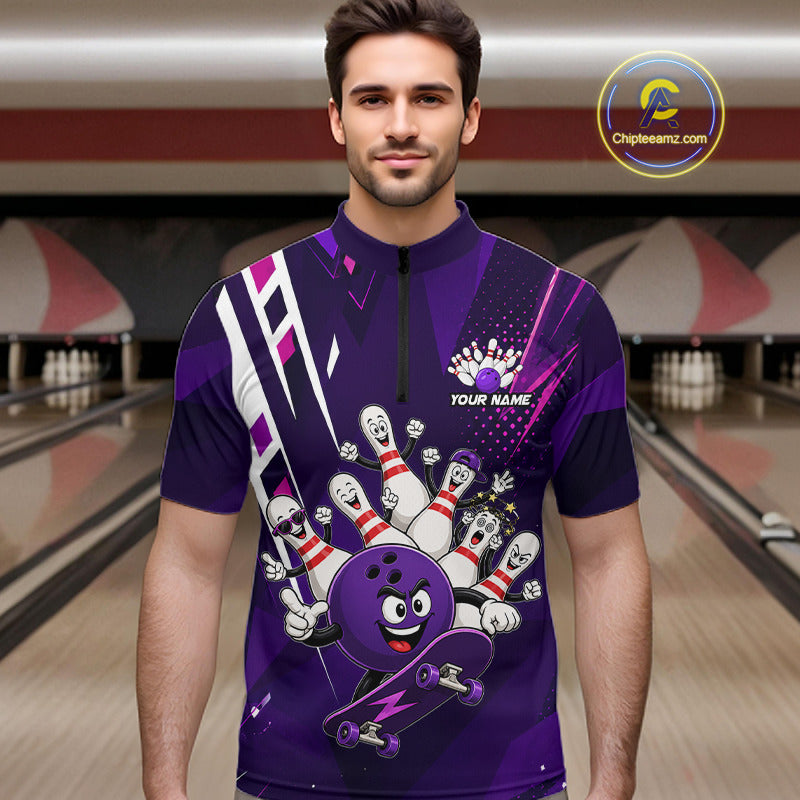 Man wearing personalized purple funny skateboarding bowling ball bowling team jersey quarter zip shirt featuring skateboarding bowling ball artwork, front view.