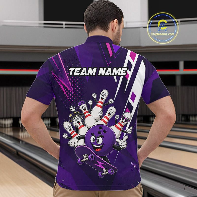 Man wearing personalized purple funny skateboarding bowling ball bowling team jersey quarter zip shirt featuring skateboarding bowling ball artwork, back view.