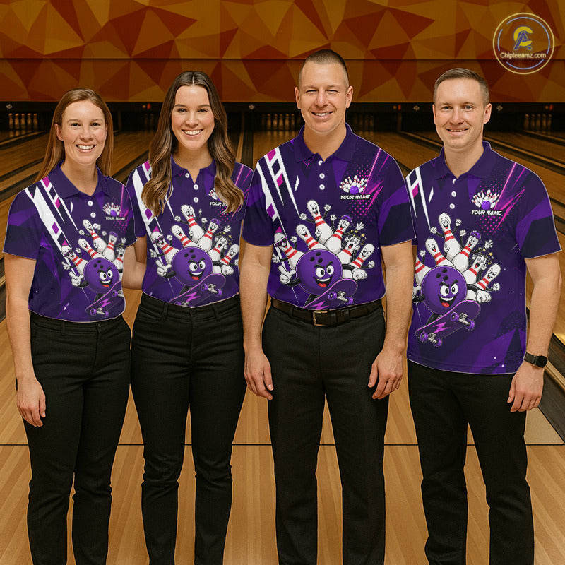 Bowling team wearing matching personalized purple funny skateboarding bowling ball bowling team jerseys, front view.