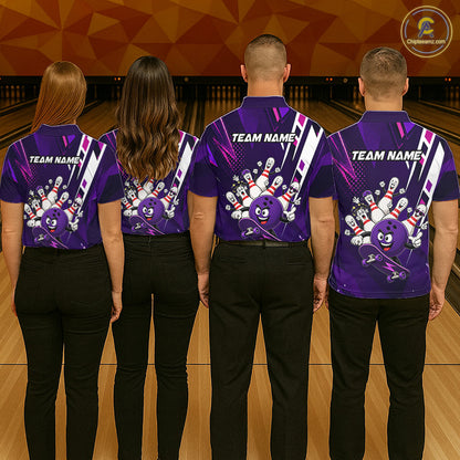 Bowling team wearing matching personalized purple funny skateboarding bowling ball bowling team jerseys, back view.