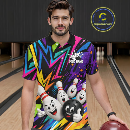 Man wearing funny colorful bowling ball bowling team jersey polo shirt featuring colorful bowling ball artwork, front view.
