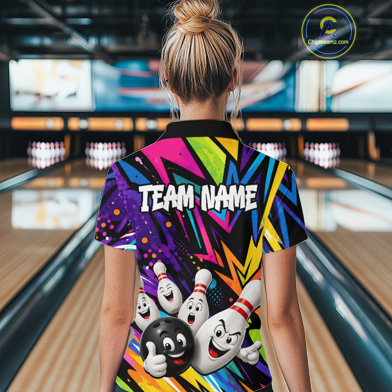 Woman wearing funny colorful bowling ball bowling team jersey polo shirt featuring colorful bowling ball artwork, back view.