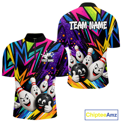 Funny colorful bowling ball bowling team jersey quarter zip shirt for men featuring colorful bowling ball artwork, premium custom bowling apparel.