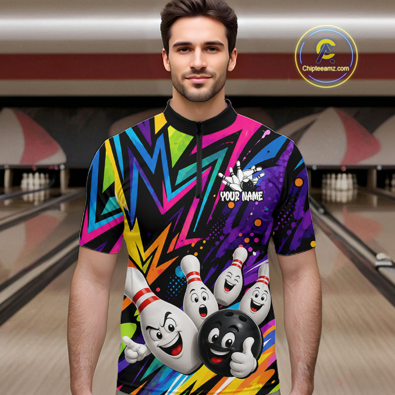 Man wearing funny colorful bowling ball bowling team jersey quarter zip shirt featuring colorful bowling ball artwork, front view.